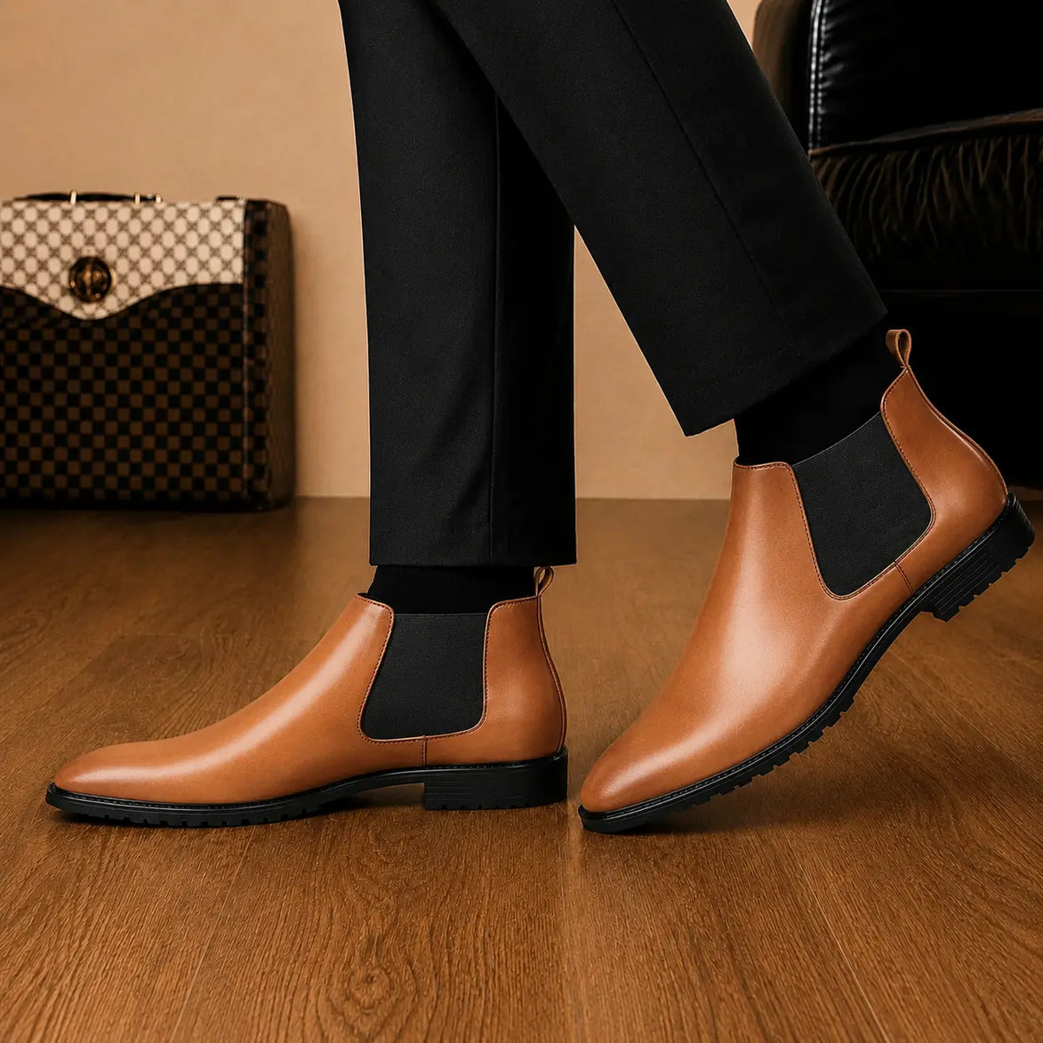 Melodiapelle Michigan Chelsea Boot in tan leather worn with formal trousers, on-feet shot