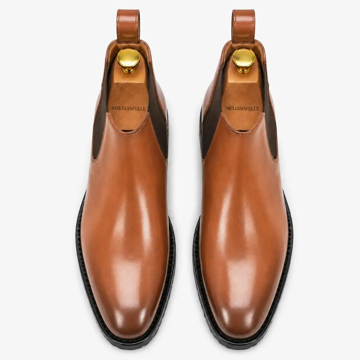 Melodiapelle Michigan Chelsea Boot in tan leather, pair top-down view, handcrafted in Agra