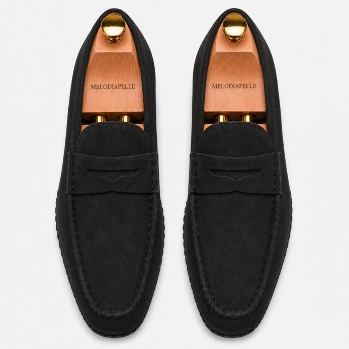 Melodiapelle Michigan Loafer in black suede, pair top-down view, handcrafted in Agra