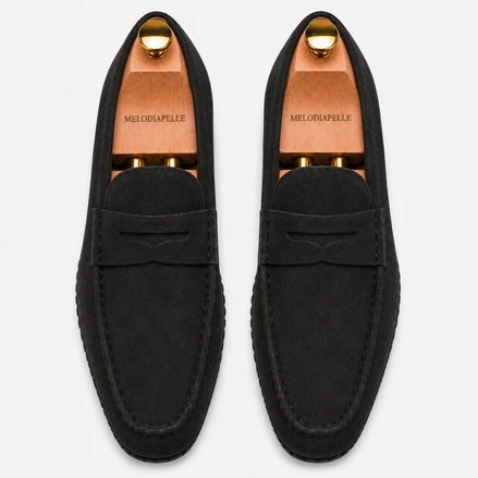 Melodiapelle Michigan Loafer in black suede, pair top-down view, handcrafted in Agra