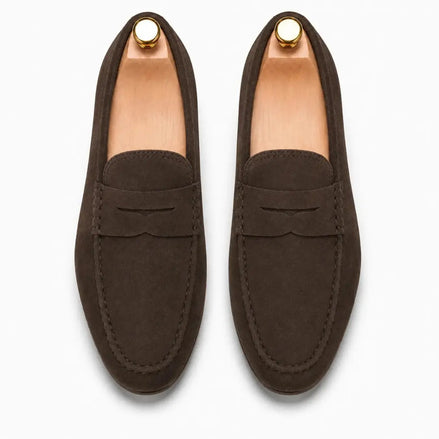 Melodiapelle Michigan Loafer in dark brown suede, pair top-down view, handcrafted in Agra