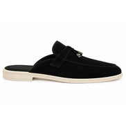 Side profile of the Micol Mule in black suede on white background