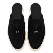 Melodiapelle Micol Mule in black suede, pair top-down view, handcrafted in Agra