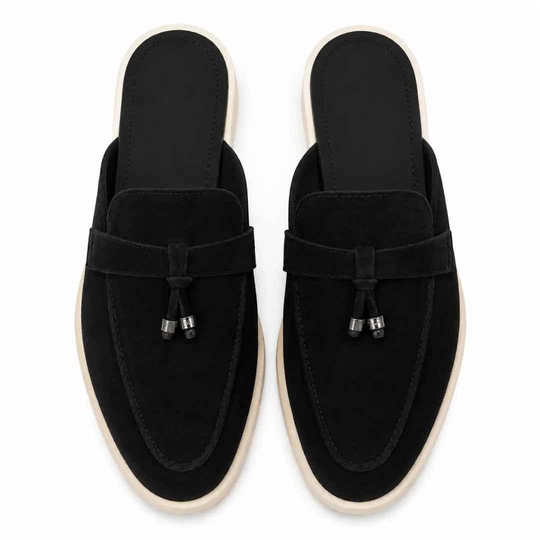 Melodiapelle Micol Mule in black suede, pair top-down view, handcrafted in Agra