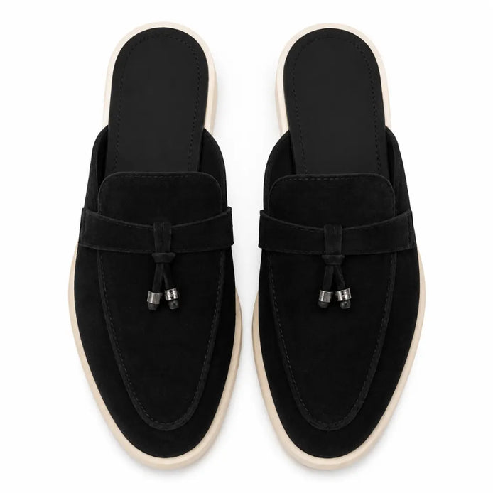 Melodiapelle Micol Mule in black suede, pair top-down view, handcrafted in Agra