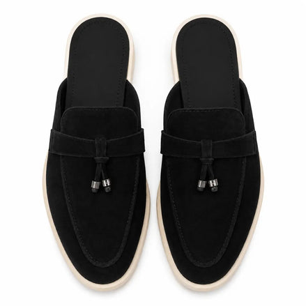 Melodiapelle Micol Mule in black suede, pair top-down view, handcrafted in Agra