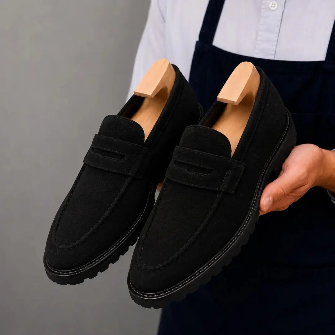 Man holding a pair of Melodiapelle Midland Loafer shoes in black suede, close-up