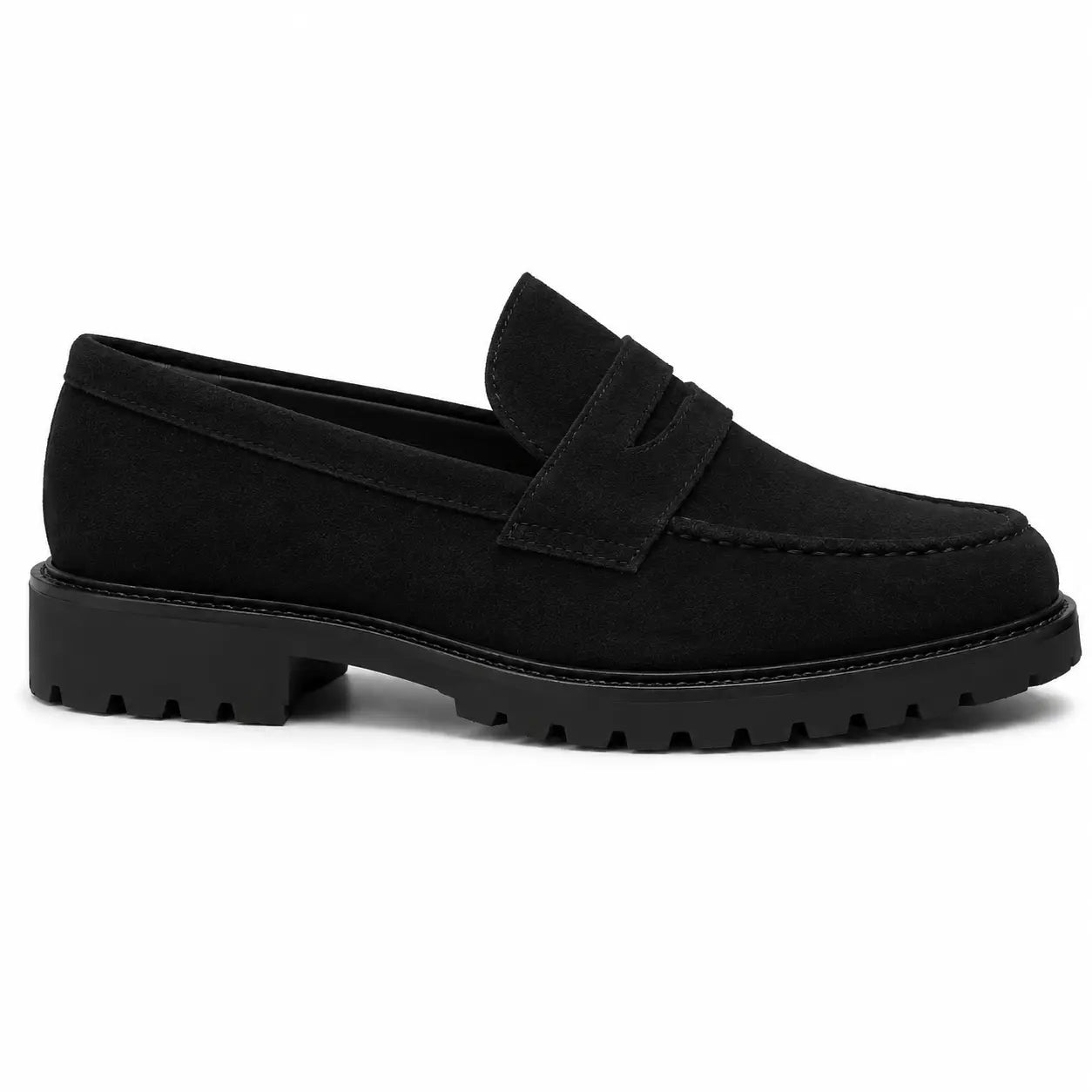 Side profile of the Midland Loafer in black suede on white background