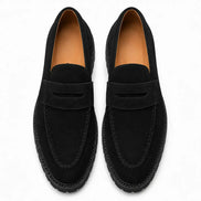 Melodiapelle Midland Loafer in black suede, pair top-down view, handcrafted in Agra