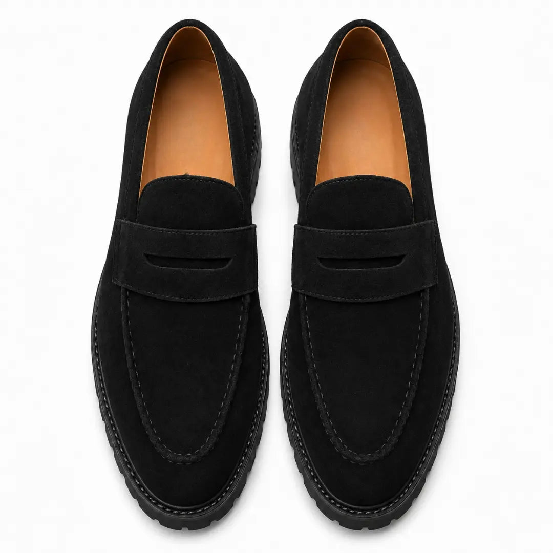 Melodiapelle Midland Loafer in black suede, pair top-down view, handcrafted in Agra