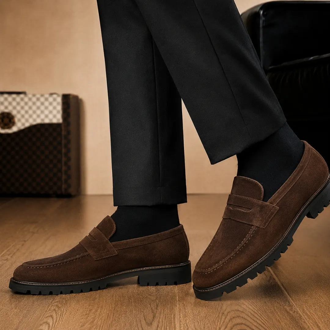 Melodiapelle Midland Loafer in dark brown suede worn with trousers, on-feet shot