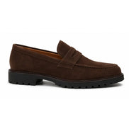 Side profile of the Midland Loafer in dark brown suede on white background
