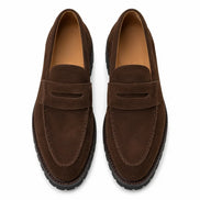 Melodiapelle Midland Loafer in dark brown suede, pair top-down view, handcrafted in Agra