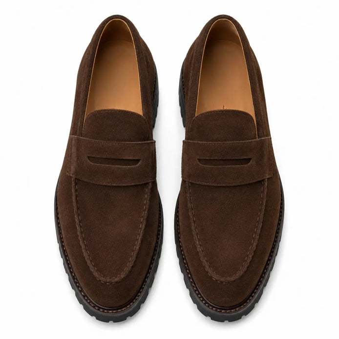 Melodiapelle Midland Loafer in dark brown suede, pair top-down view, handcrafted in Agra