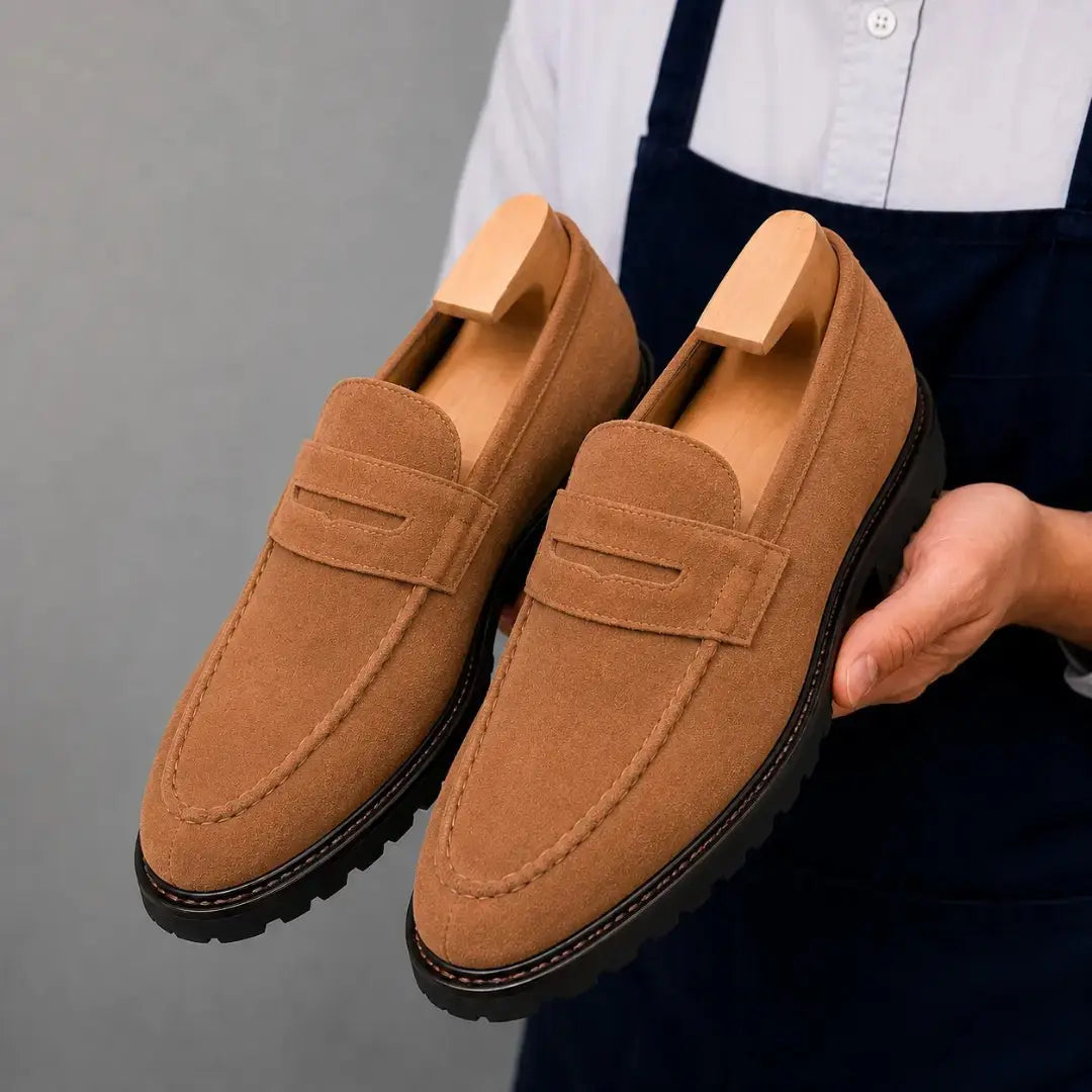 Man holding a pair of Melodiapelle Midland Loafer shoes in rust tan suede, close-up