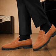 Melodiapelle Midland Loafer in rust tan suede worn with trousers, on-feet shot