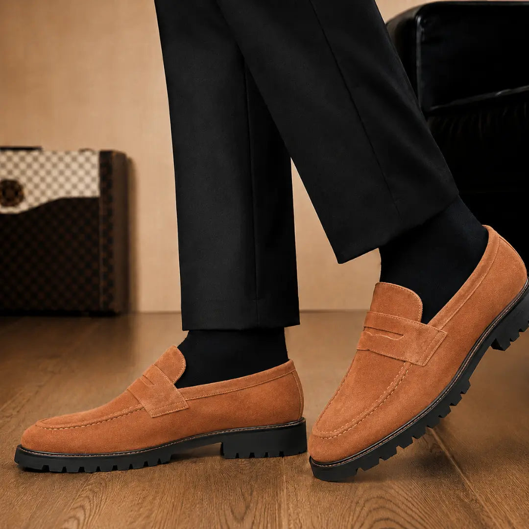 Melodiapelle Midland Loafer in rust tan suede worn with trousers, on-feet shot
