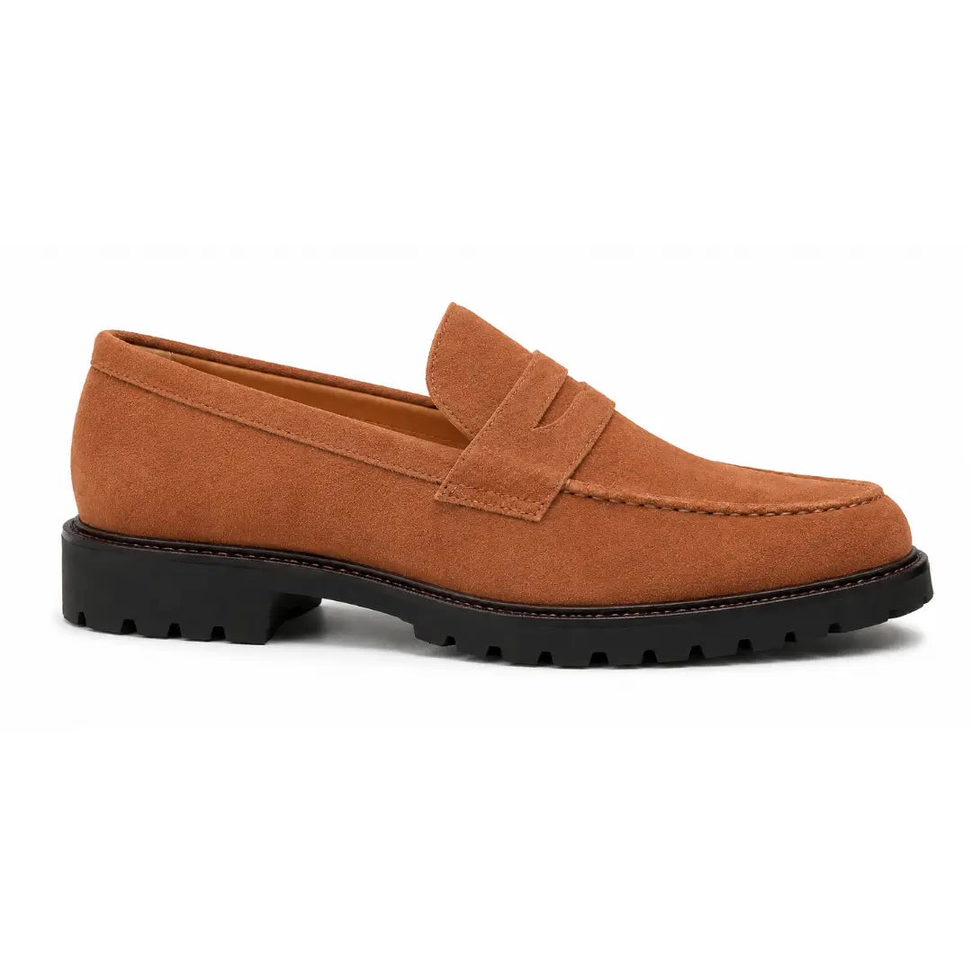 Side profile of the Midland Loafer in rust tan suede on white background