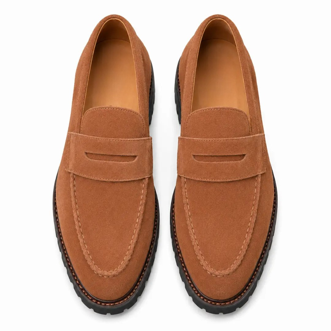 Melodiapelle Midland Loafer in rust tan suede, pair top-down view, handcrafted in Agra