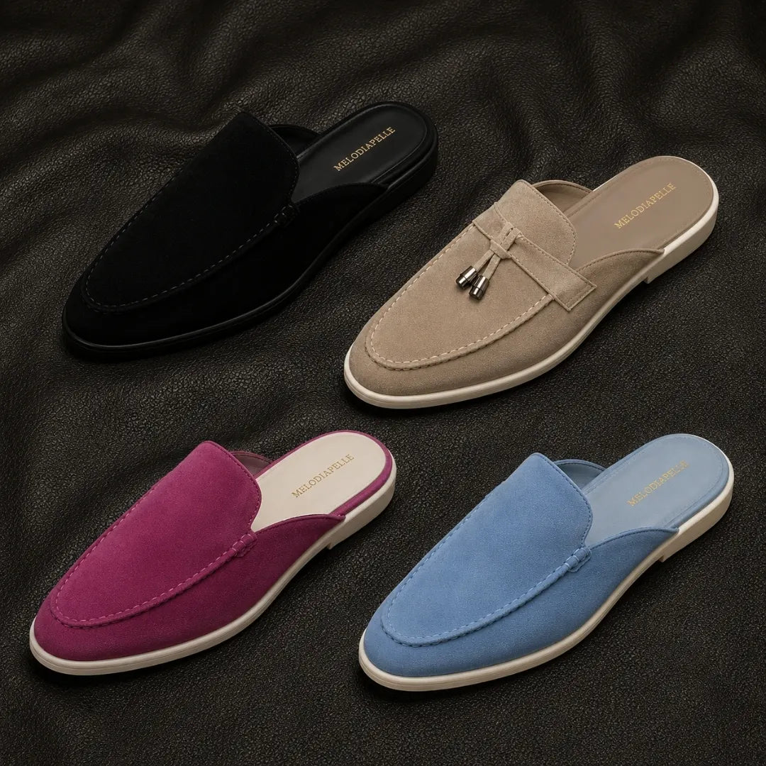Melodiapelle Mila Mule collection in black, brown and rust tan suede, handcrafted backless mule slippers displayed together