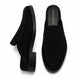 Black suede backless mule slipper, three-quarter angle showing heel and sole detailing