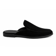 Side profile of the Mila Mule in black suede on white background