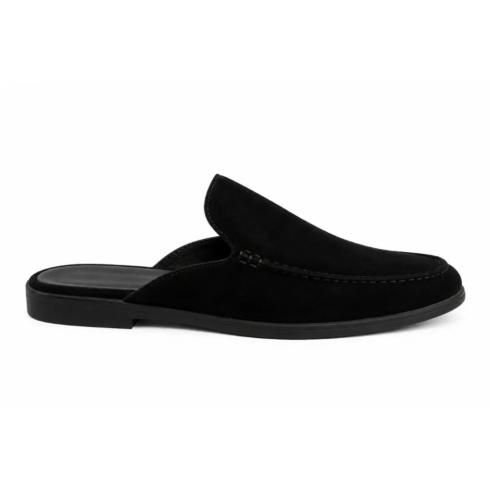 Side profile of the Mila Mule in black suede on white background