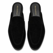 Melodiapelle Mila Mule in black suede, pair top-down view, handcrafted in Agra