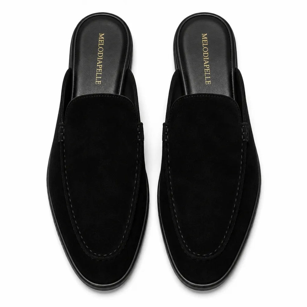Melodiapelle Mila Mule in black suede, pair top-down view, handcrafted in Agra