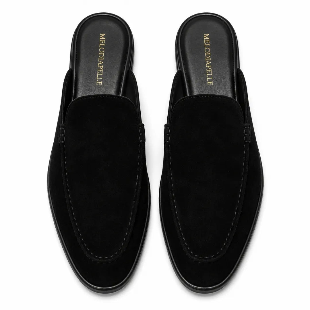 Melodiapelle Mila Mule in black suede, pair top-down view, handcrafted in Agra