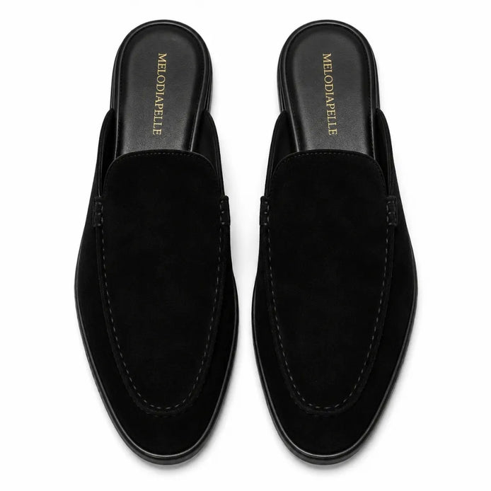Melodiapelle Mila Mule in black suede, pair top-down view, handcrafted in Agra