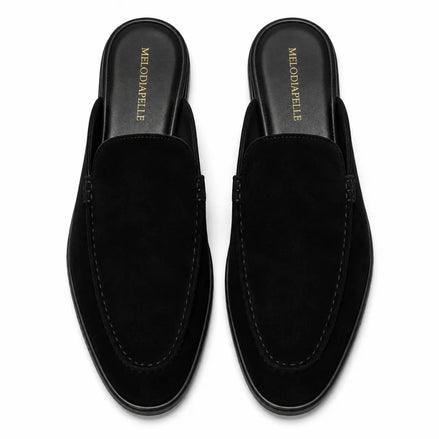 Melodiapelle Mila Mule in black suede, pair top-down view, handcrafted in Agra