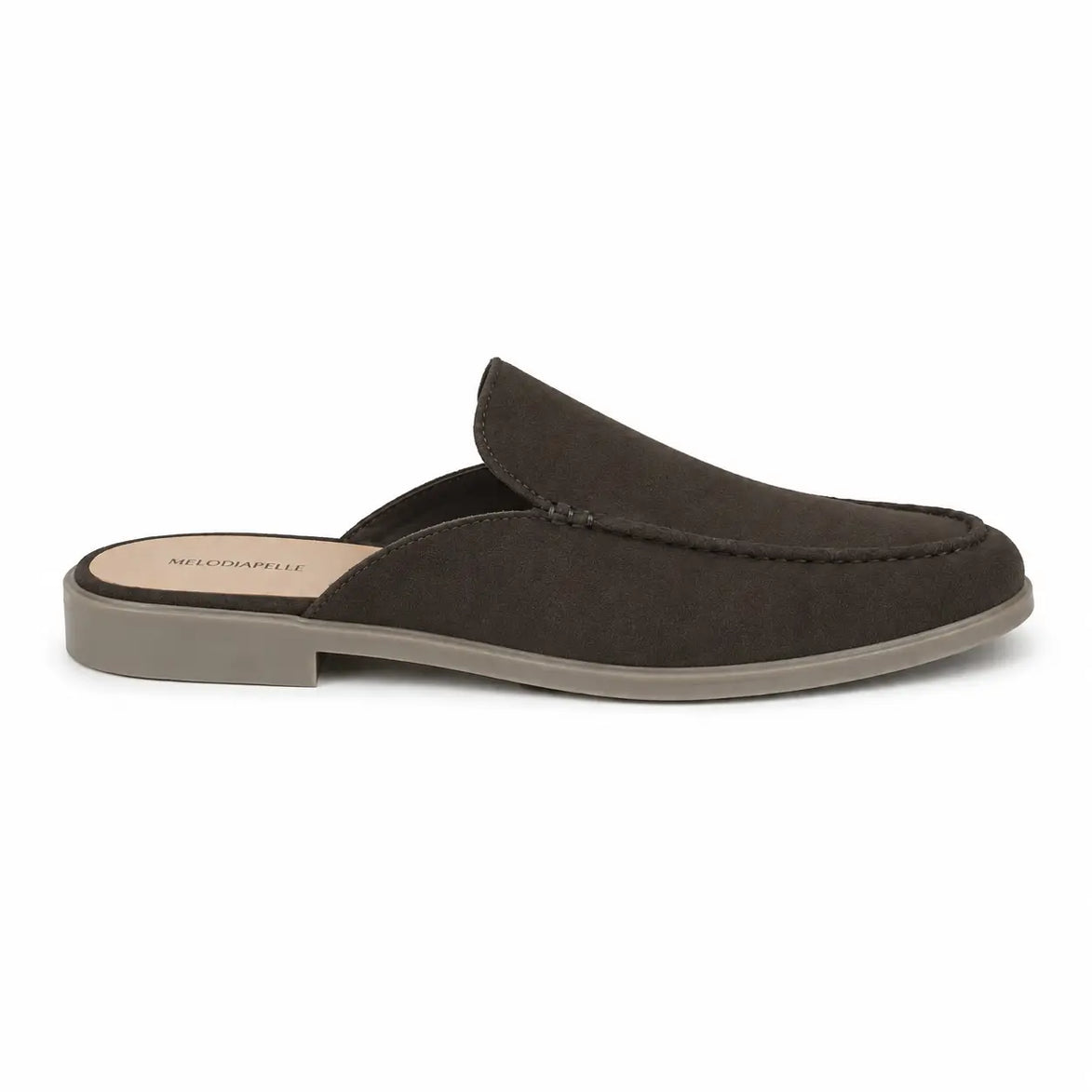 Side profile of the Mila Mule in dark brown suede on white background