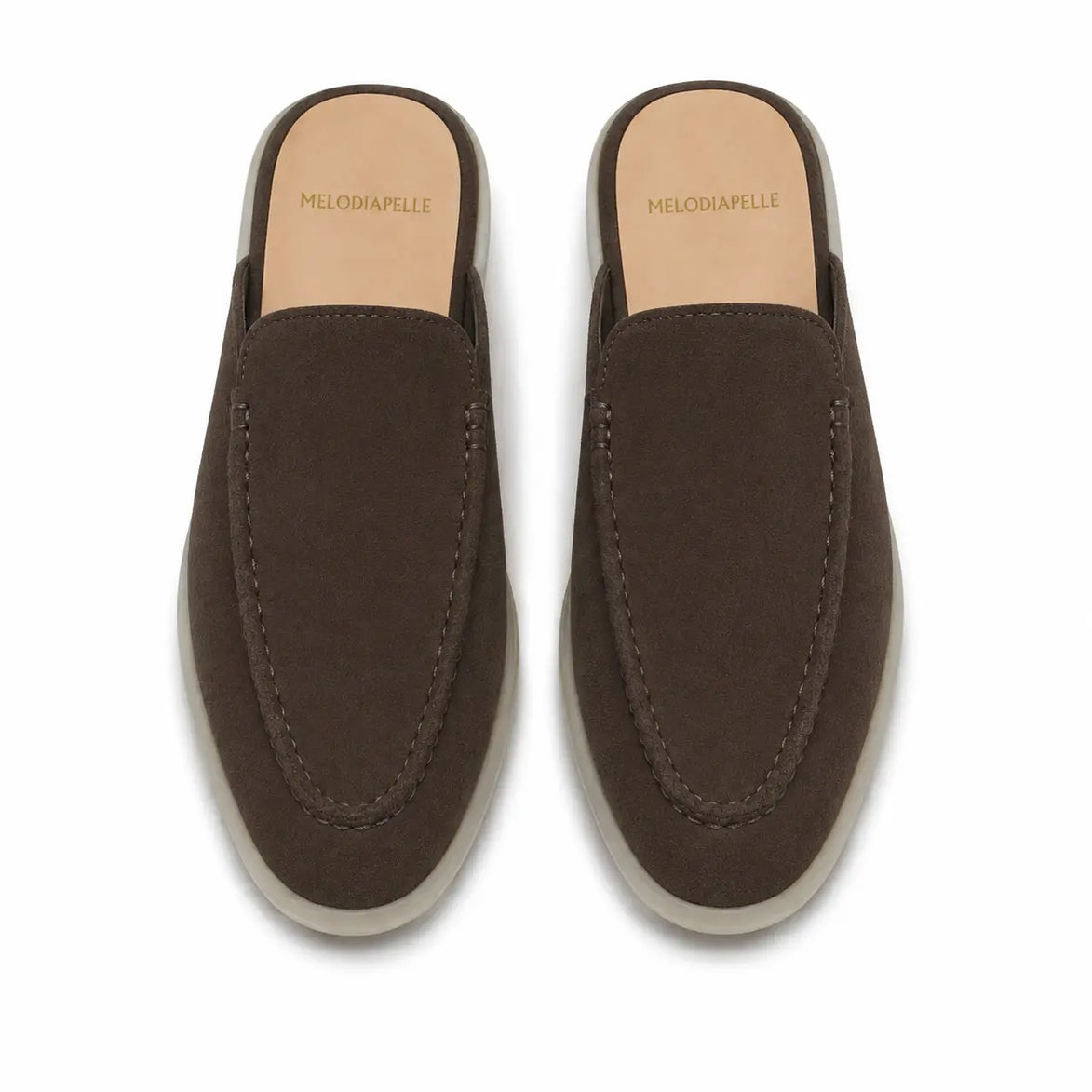 Melodiapelle Mila Mule in dark brown suede, pair top-down view, handcrafted in Agra