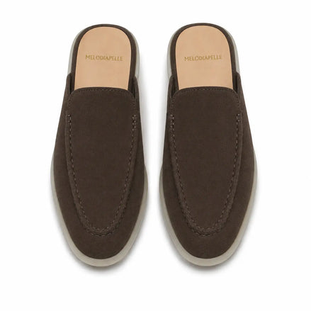 Melodiapelle Mila Mule in dark brown suede, pair top-down view, handcrafted in Agra