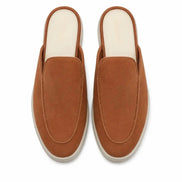 Melodiapelle Mila Mule in rust tan suede, pair top-down view, handcrafted in Agra