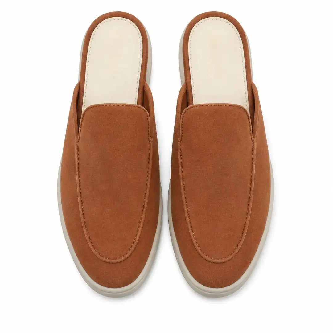 Melodiapelle Mila Mule in rust tan suede, pair top-down view, handcrafted in Agra