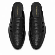 Melodiapelle Milan Mule in black embossed leather, pair top-down view, handcrafted in Agra