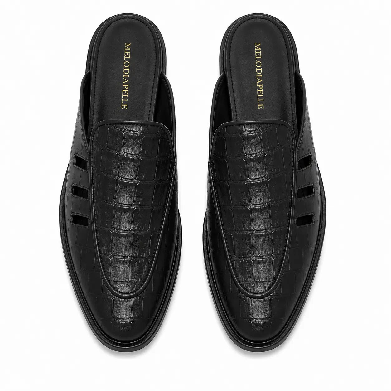 Melodiapelle Milan Mule in black embossed leather, pair top-down view, handcrafted in Agra