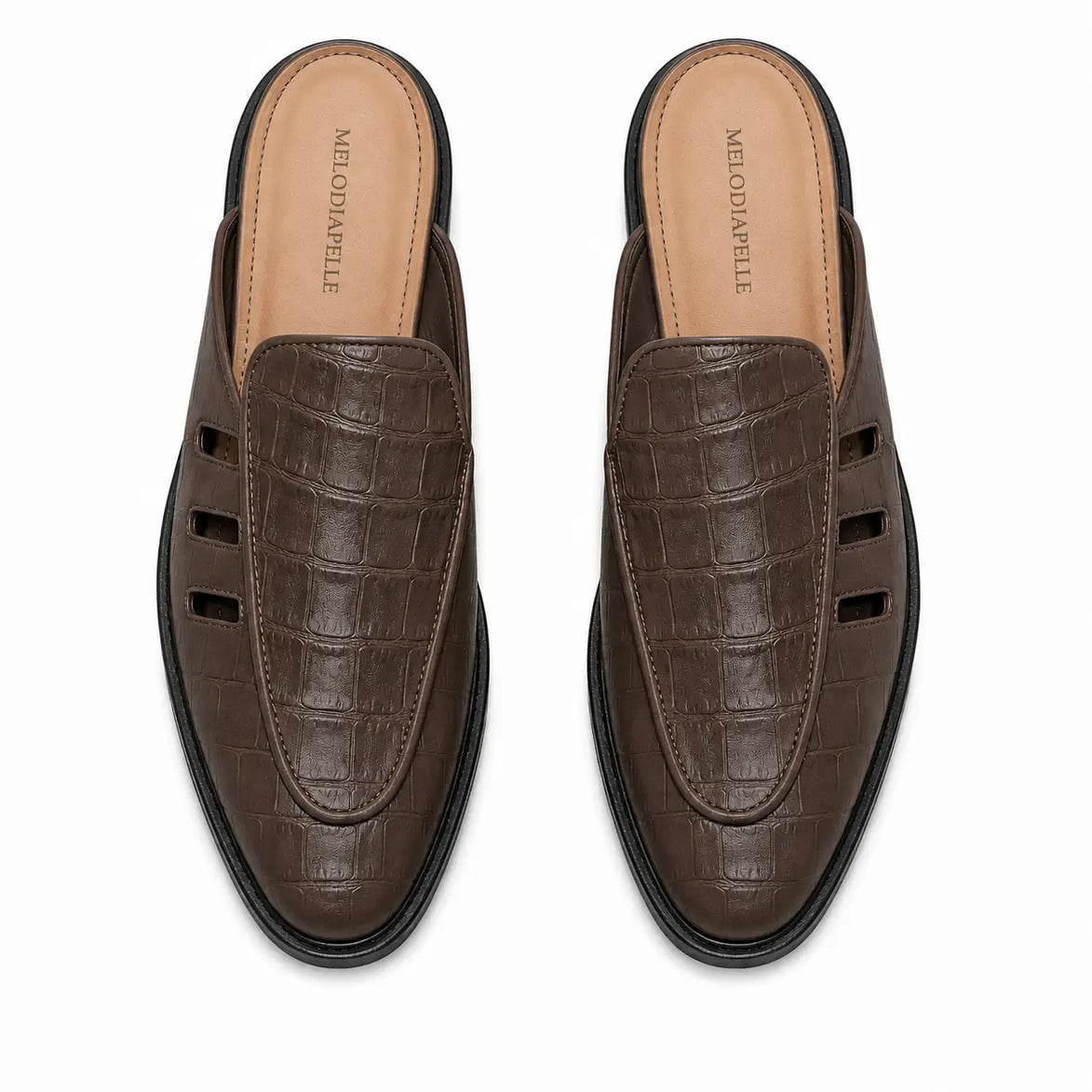 Melodiapelle Milan Mule in dark brown embossed leather, pair top-down view, handcrafted in Agra