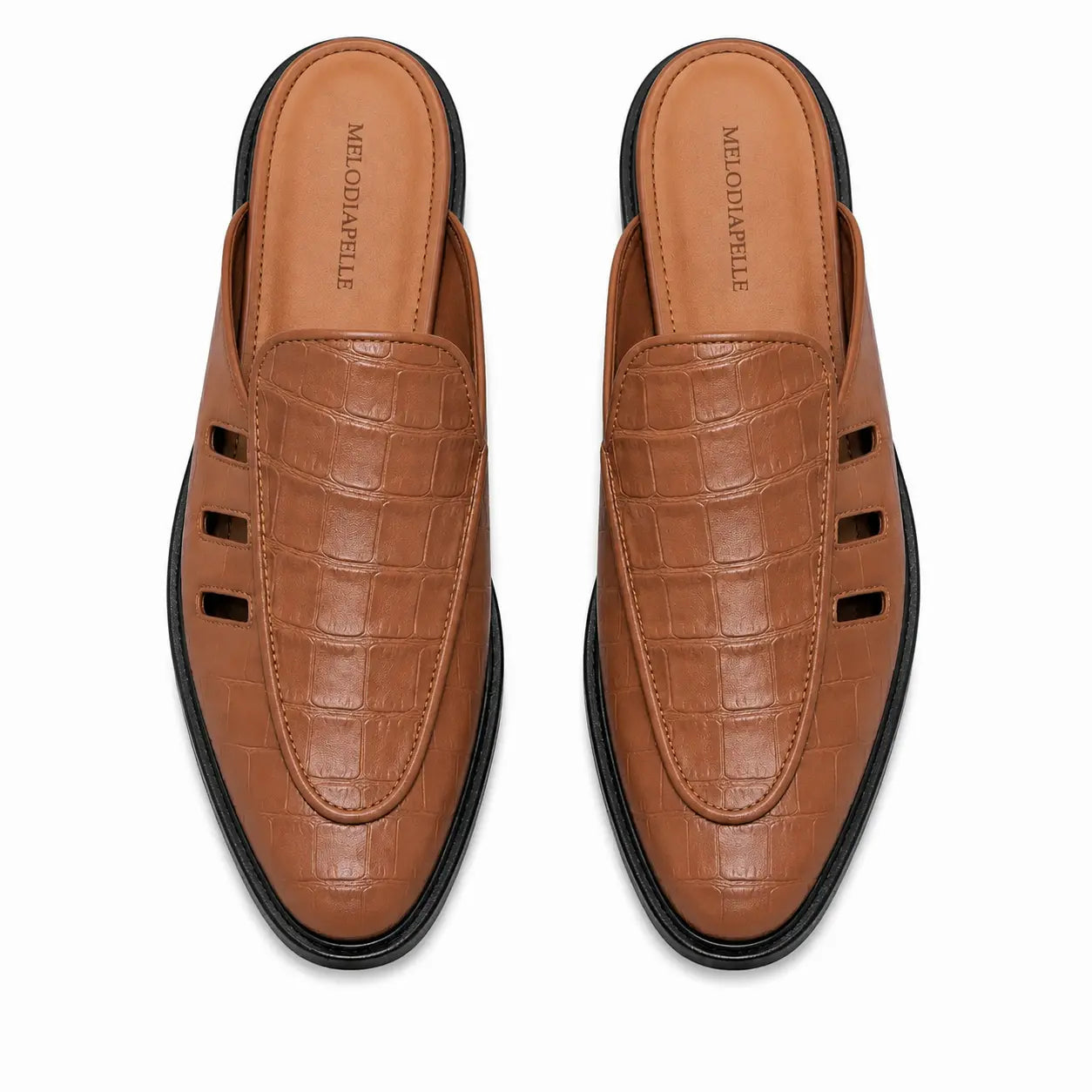 Melodiapelle Milan Mule in tan embossed leather, pair top-down view, handcrafted in Agra