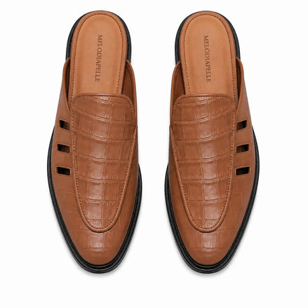 Melodiapelle Milan Mule in tan embossed leather, pair top-down view, handcrafted in Agra