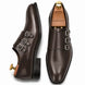 Brown leather triple monk strap loafer, three-quarter angle showing buckles and heel