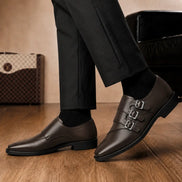 Melodiapelle Milan Triple Monk Strap Loafer in brown leather worn with formal trousers, on-feet shot