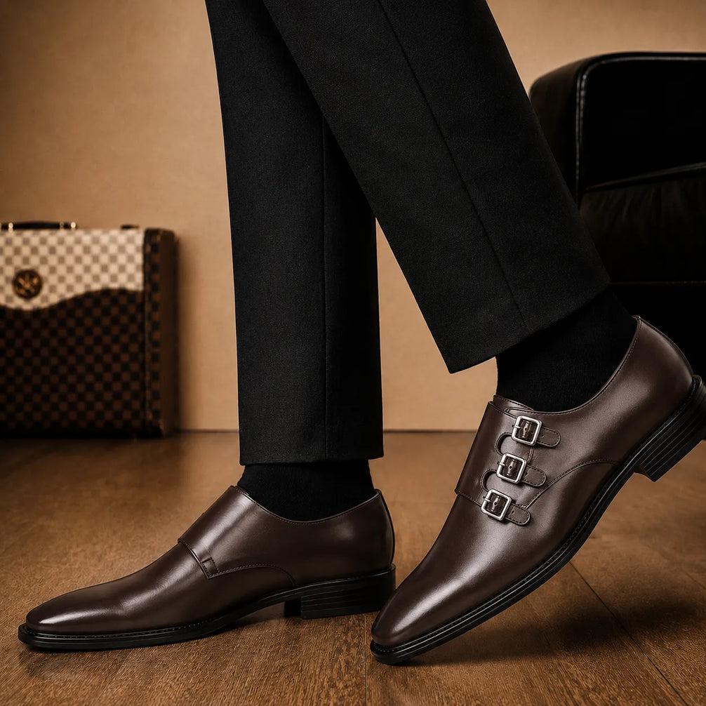 Melodiapelle Milan Triple Monk Strap Loafer in brown leather worn with formal trousers, on-feet shot