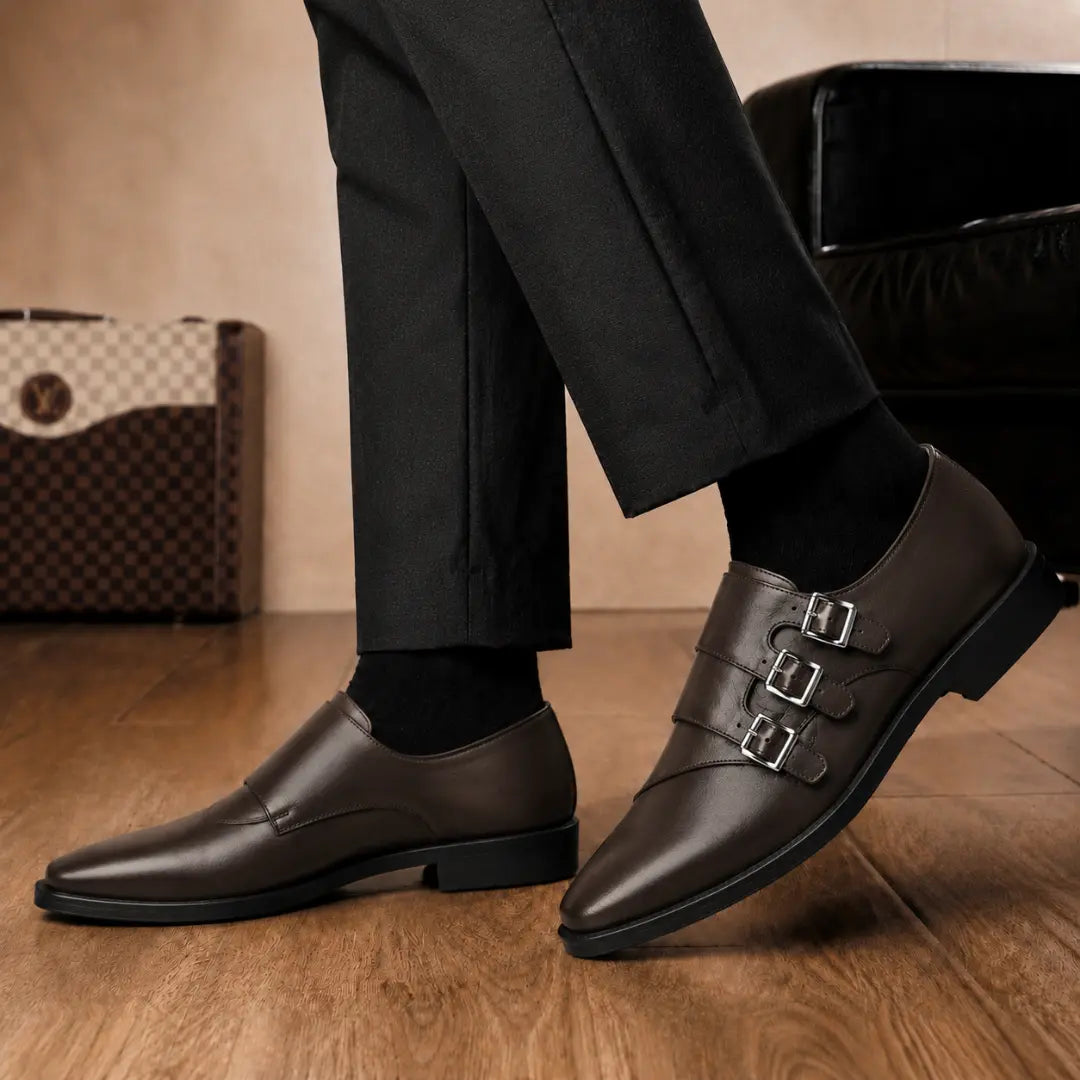 Melodiapelle Milan Triple Monk Strap Loafer in brown leather worn with formal trousers, on-feet shot