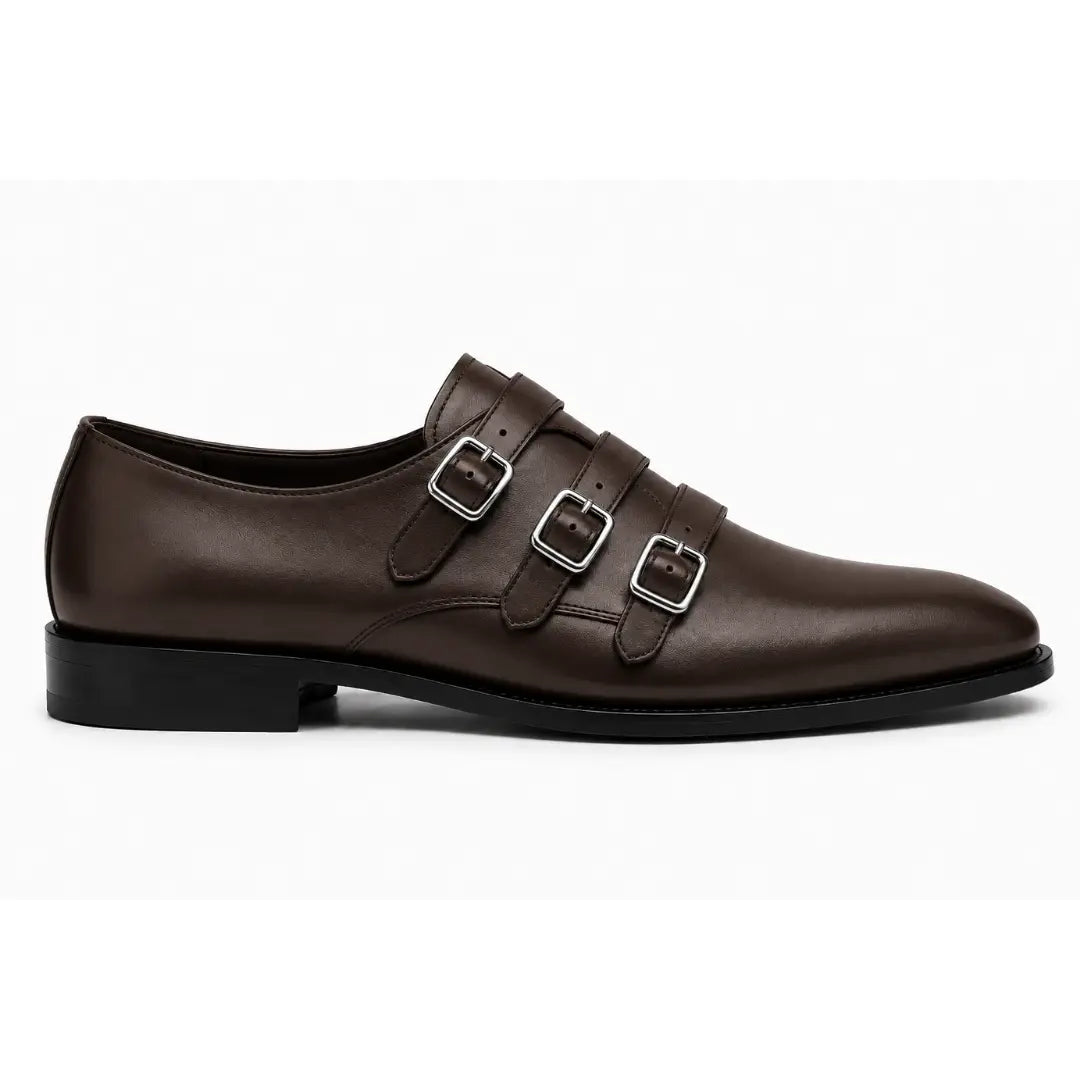 Side profile of the Milan Triple Monk Strap Loafer in brown leather on white background
