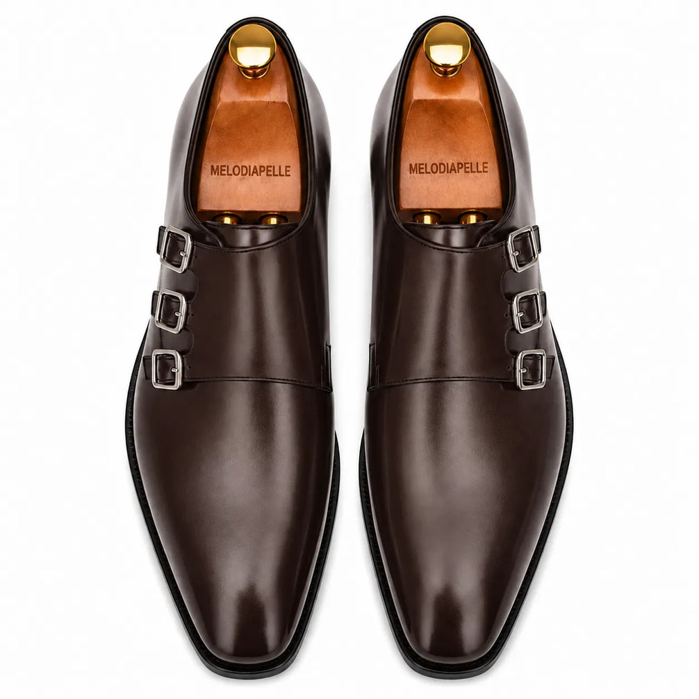 Melodiapelle Milan Triple Monk Strap Loafer in brown leather, pair top-down view, handcrafted in Agra