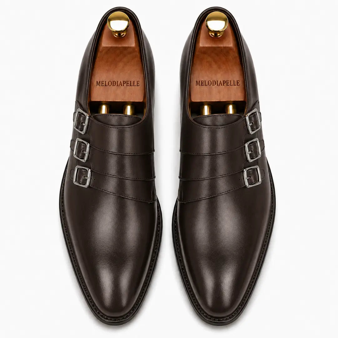 Melodiapelle Milan Triple Monk Strap Loafer in brown leather, pair top-down view, handcrafted in Agra