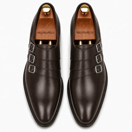 Melodiapelle Milan Triple Monk Strap Loafer in brown leather, pair top-down view, handcrafted in Agra